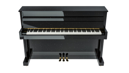 Sparkling black upright piano with golden pedals, isolated on transparent background © Ruslan