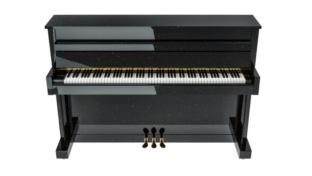 Sparkling black upright piano with golden pedals, isolated on transparent background