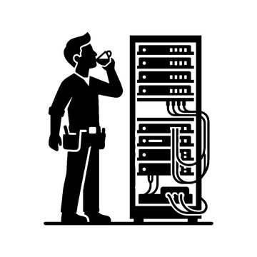 IT technician drinking coffee or tea next to a server rack, depicted in a minimalist flat black and white vector illustration with clean lines and high contrast