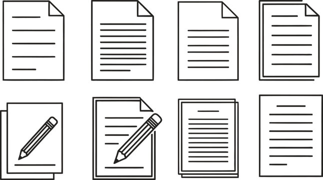 Vector icons of documents and papers with lines and pencils for editing