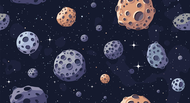Vast outer space scene filled with floating asteroids of various sizes and twinkling stars in a pixelated cosmic pattern.