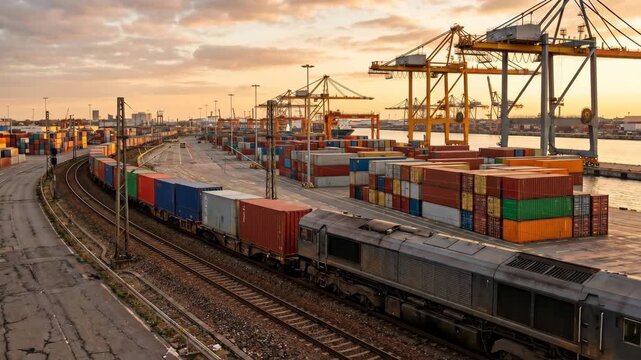 Intermodal Freight Train Container Port Rail Logistics Golden Hour Cinematic