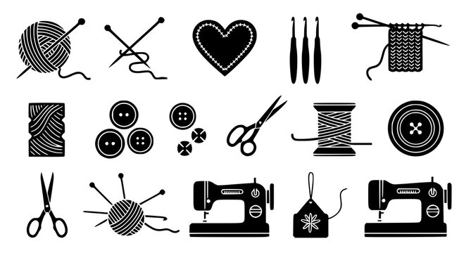 Knitting and sewing silhouette icon collection with yarn balls needles and stitched heart