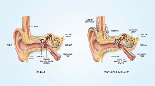 Cochlear Implant Medical Diagram Comparing Normal Hearing and Ear Anatomy Device
