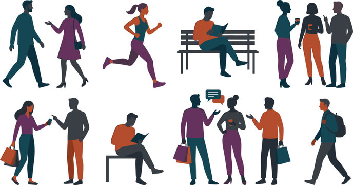 People silhouette character set featuring casual urban lifestyle activities walking running shopping reading and talking flat design vectors