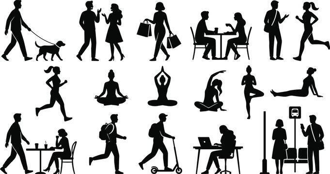 People silhouette icon set featuring daily activities walking running shopping yoga meditation working and public transport commuter elements