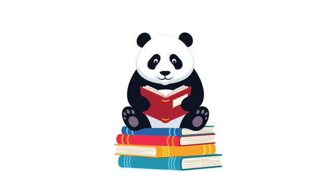 Cute cartoon panda bear sitting on a large stack of colorful books and reading a red book with a happy expression.