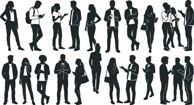 Young people silhouette character set featuring casual teenagers standing talking using smartphones and interacting flat design vectors