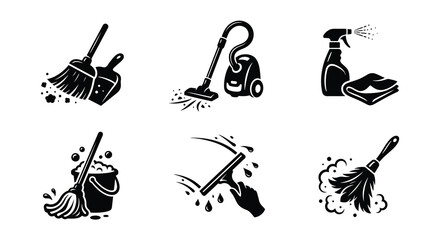 Cleaning services icon set broom vacuum spray bottle mop squeegee duster silhouettes © MahiAhmed