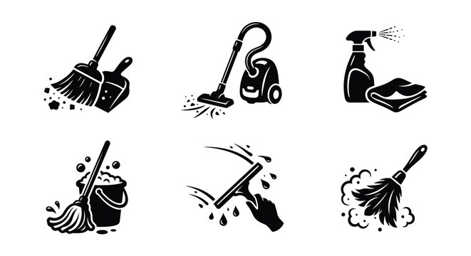 Cleaning services icon set broom vacuum spray bottle mop squeegee duster silhouettes