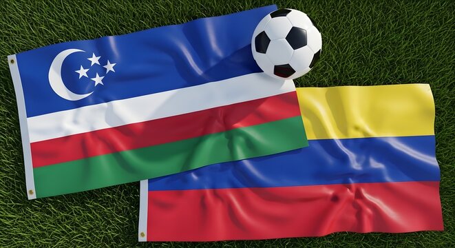 Comoros lithuania and colombia flags with soccer ball on grass