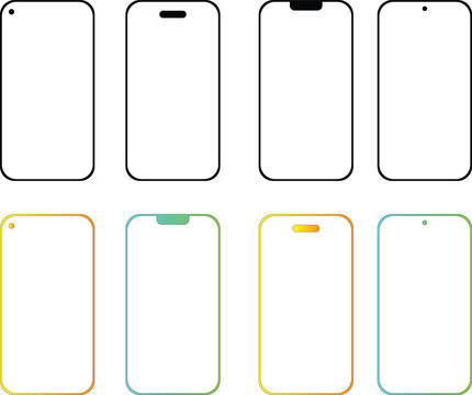 Collection of various smartphone screen templates with different colored borders and notches  tech design elements