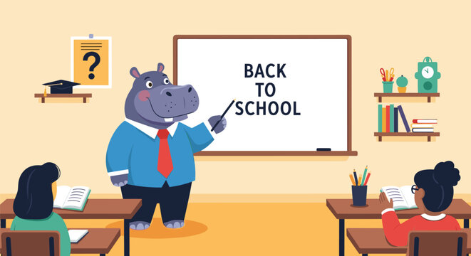 Friendly hippo teacher conducting a lesson in a vibrant classroom filled with students and various school supplies for learning.
