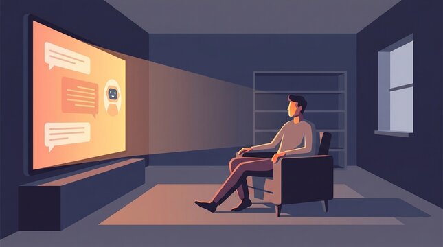 Man sitting in a dark room watching a presentation on a large screen