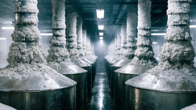 Medium shot featuring the precipitation tank gallery with long rows of tall precipitators enveloped in gentle fog illustrating the dynamic atmosphere during alumina hydrate