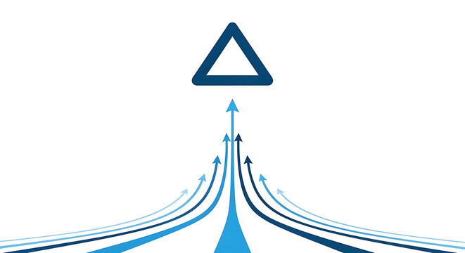 Multiple blue arrows merging towards a single triangular peak with business strategy progress development direction abstract corporate teamwork leadership performance improvement marketing