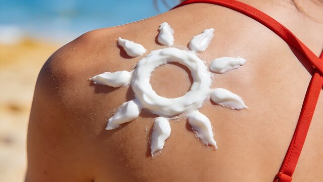 White sun shape made of thick sunscreen lotion applied on a tanned female shoulder to protect sensitive skin from harsh ultraviolet rays during summer beach vacations