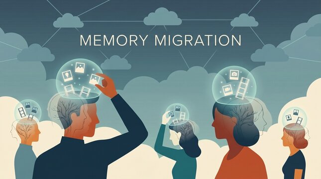 Diverse people interacting with digital cloud data, illustrating memory migration and data transfer concepts