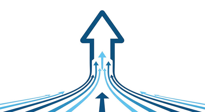 Multiple blue arrows converging into one large arrow moving upward with convergence business teamwork direction strategy progress performance management marketing planning development