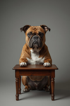 Serious dog sitting behind a small wooden desk in a minimalist studio setting with soft professional lighting. Humorous business concept, office portrait, clean background