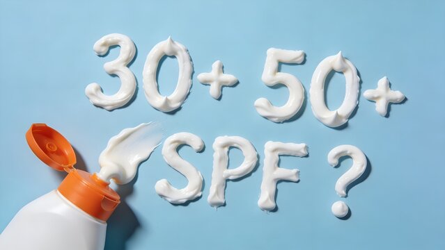 White sunscreen lotion squeezed from a plastic bottle onto a smooth light blue background to form the text thirty plus fifty plus spf question mark