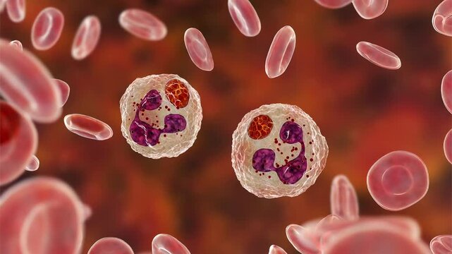 Anaplasma bacteria infecting neutrophils, 3D animation. Anaplasma phagocytophilum causes human granulocytic anaplasmosis transmitted by the black-legged tick and the sheep tick.