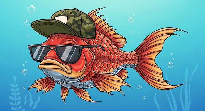 Cool red fish wearing a cap and sunglasses underwater illustration