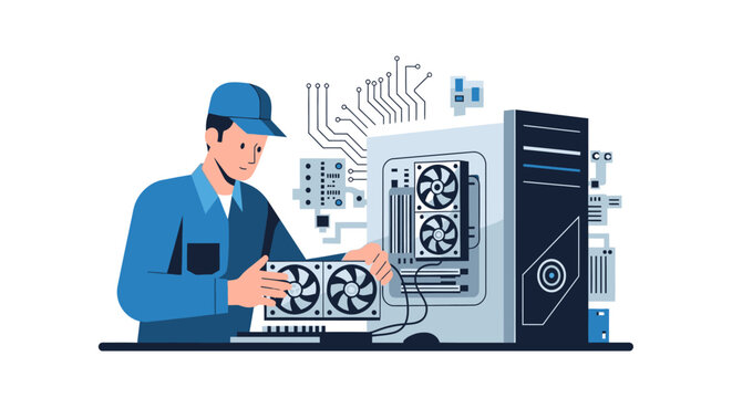 Professional Computer Technician in Blue Uniform Assembling Desktop PC and Installing Graphics Card GPU Flat Vector Illustration