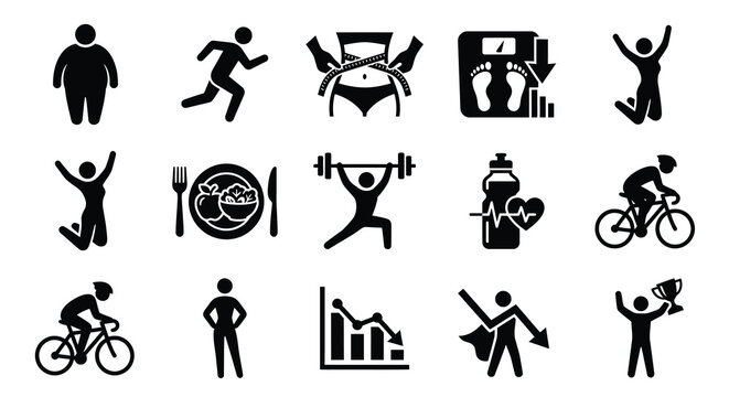 Fitness and wellness silhouette icons running diet exercise and achievement concepts