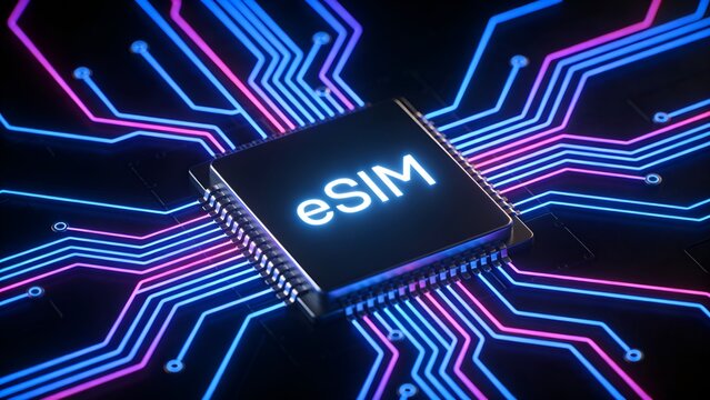 Glowing electronic chip with the word esim written on its surface featuring vibrant blue and pink circuit board lines radiating outwards in a dark environment