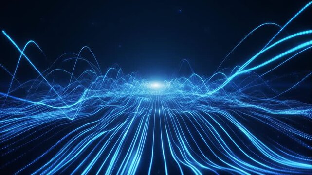 Glowing blue light emanating from a digital landscape with wavy lines and dots