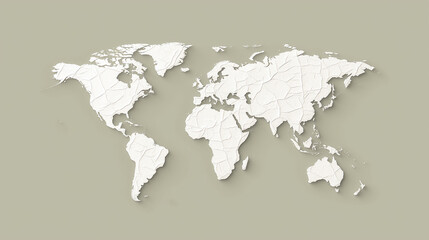 3D paper fold crumpled texture world map with shadow on neutral olive grey background