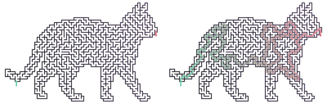 Cat silhouette maze pattern in black white and pastel colors puzzle game solution