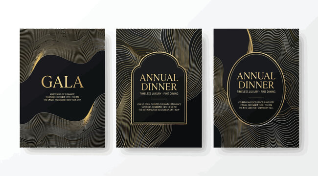 Set of luxury gala and annual dinner invitation card templates with elegant gold line art patterns