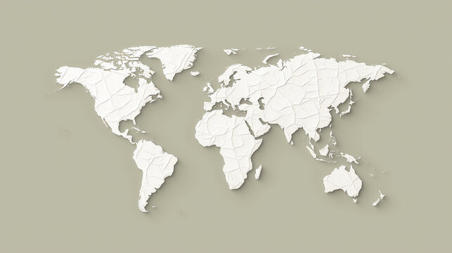 3D paper fold crumpled texture world map with shadow on neutral olive grey background