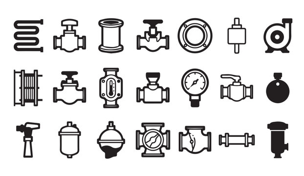 Plumbing and mechanical system components icon pack with line art, compressor