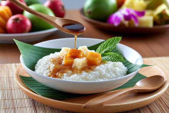 Traditional Indonesian bubur sumsum served in a white bowl with tropical fruits and syrup, garnished with mint leaves on a bamboo mat