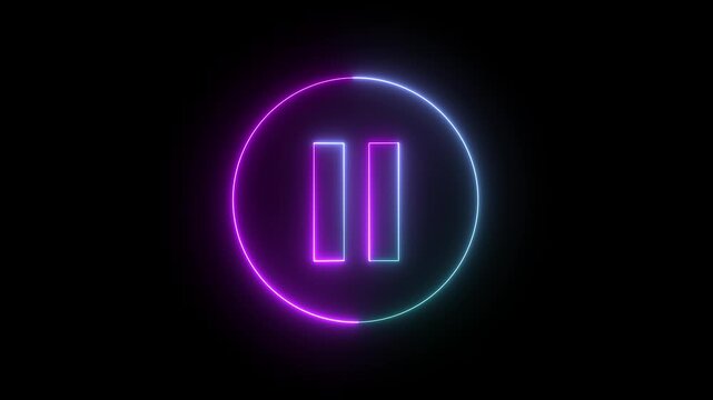 Glowing light neon red and blue color media player pause icon animation sign symbol on black background .4k video animation .