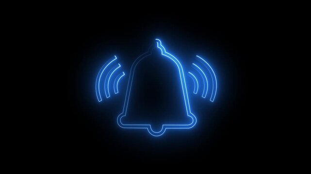Notification bell icon animation glowing neon red and blue color doorbell sound tone mobile phone alarm alert ring update news attention icon sign symbol on black background.HD video animation .