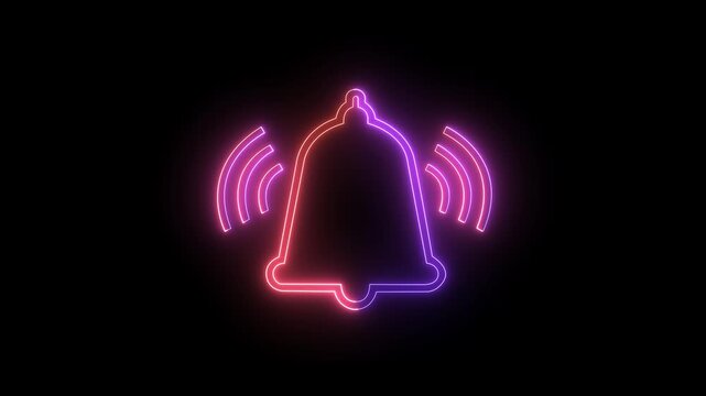 Notification bell icon animation glowing neon red and blue color doorbell sound tone mobile phone alarm alert ring update news attention icon sign symbol on black background.HD video animation .