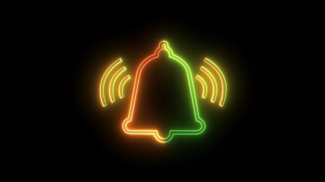 Notification bell icon animation glowing neon red and blue color doorbell sound tone mobile phone alarm alert ring update news attention icon sign symbol on black background.HD video animation .