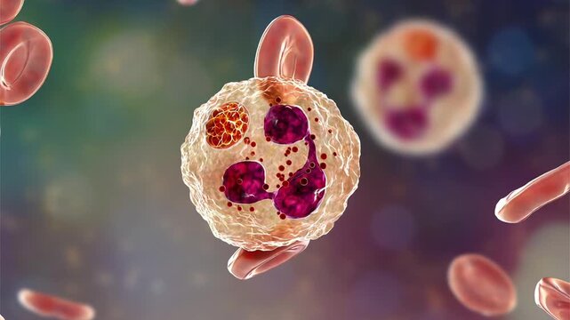 Anaplasma bacteria infecting neutrophils, 3D animation. Anaplasma phagocytophilum causes human granulocytic anaplasmosis transmitted by the black-legged tick and the sheep tick.