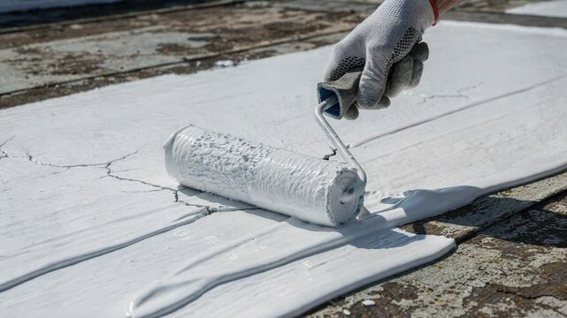 Medium shot of an elastomeric selfhealing roof coating being applied showcasing its flexible texture ideal for sealing microcracks and enhancing roof durability naturally