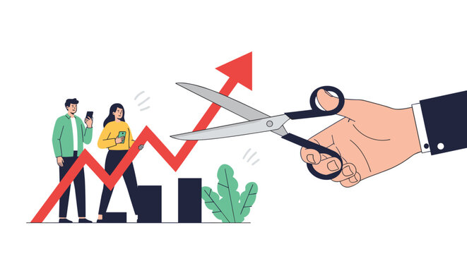 Large hand with scissors cutting a rising financial graph next to a couple, symbolizing budget cuts, cost reduction strategies, and limiting economic growth.