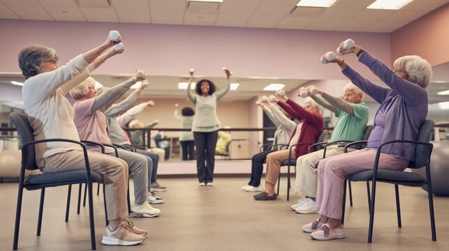 Group of elderly people doing chair fitness exercise with bells in community center class
