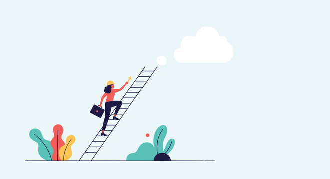Determined woman climbing a ladder towards a thought bubble cloud, representing career ambition, personal growth, goal pursuit, and striving for new ideas.