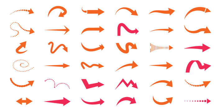 Hand Drawn dashed line arrows, creative curved pointers, sketch style directional arrows, swirl arrow marks, minimalist hand made arrow shapes.