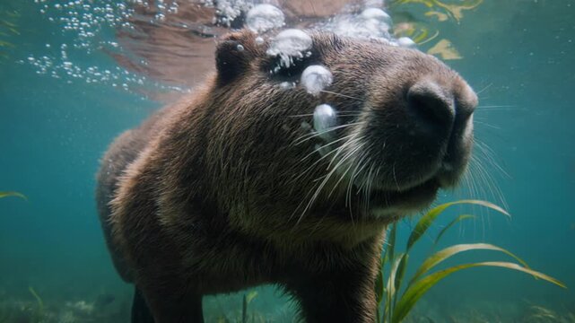 Capybaras Swimming in Crystal Clear Pantanal Waters at Sunset
