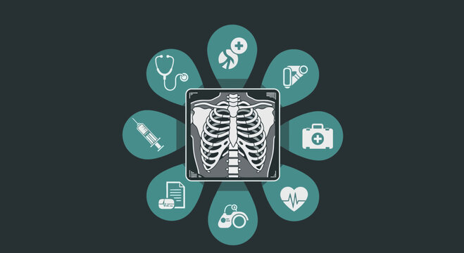 Medical Diagnosis Concept Featuring Rib Cage X-ray and Healthcare Icons Visualization