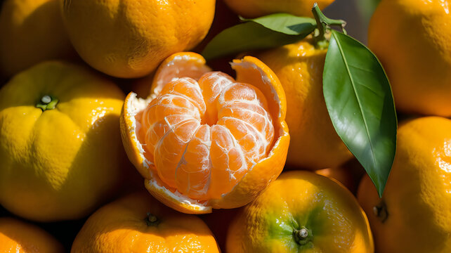 Fresh ripe mandarin oranges with green leaves in a sunny fruit garden